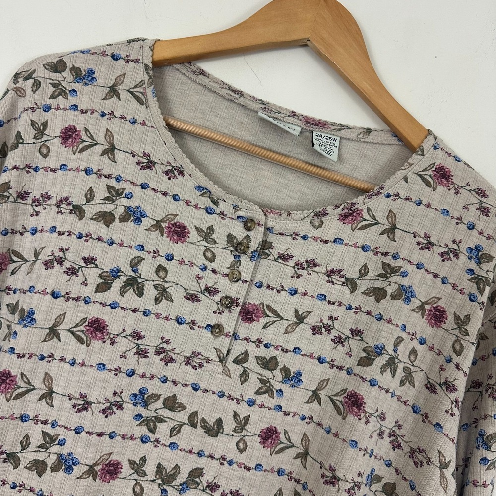 Classic Elements VTG Top Floral Beige Ribbed Cotton Henley Womens 24/26W